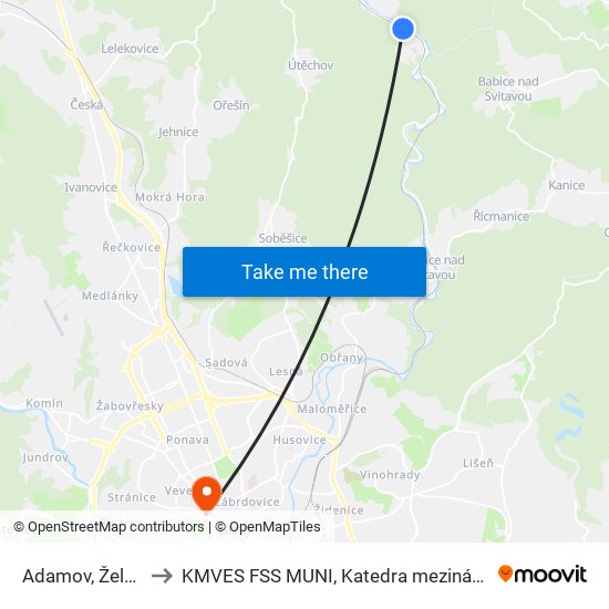 Adamov, Železniční Stanice to KMVES FSS MUNI, Katedra mezinárodních vztahů a evropských studií map