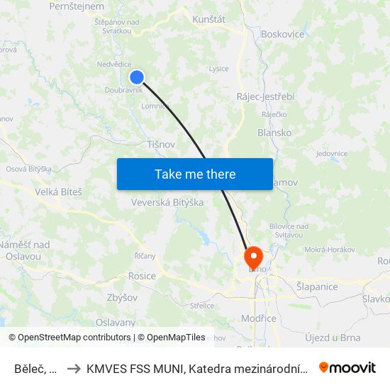 Běleč, Křeptov to KMVES FSS MUNI, Katedra mezinárodních vztahů a evropských studií map