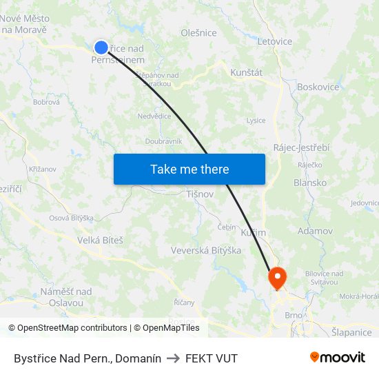 Bystřice Nad Pern., Domanín to FEKT VUT map