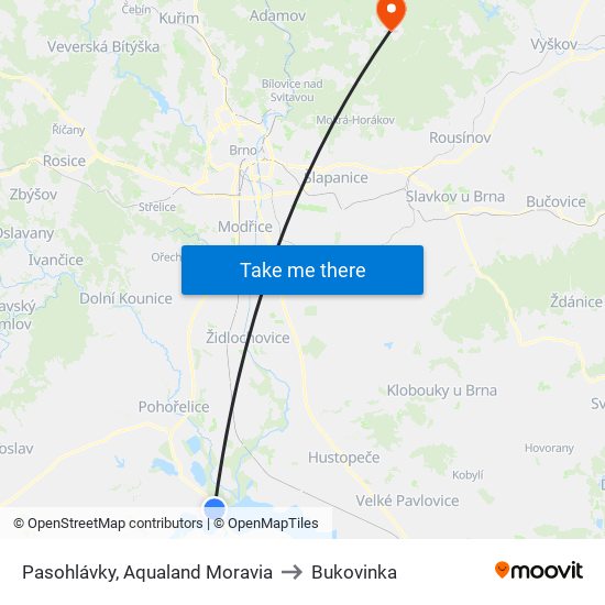Pasohlávky, Aqualand Moravia to Bukovinka map