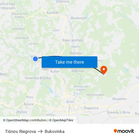 Tišnov, Riegrova to Bukovinka map