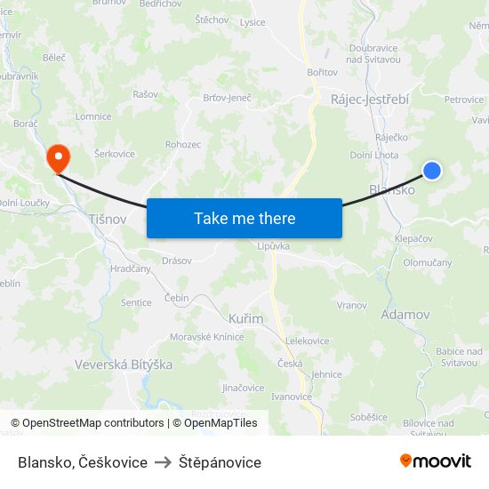 Blansko, Češkovice to Štěpánovice map