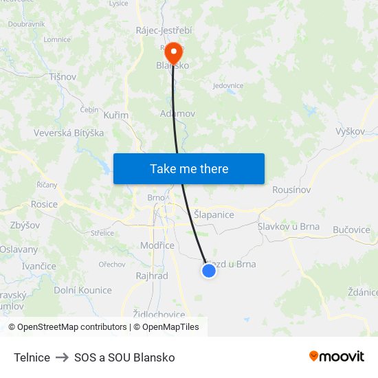 Telnice to SOS a SOU Blansko map