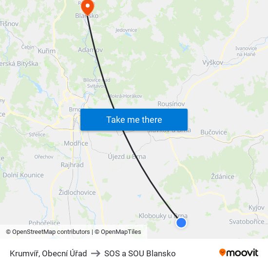 Krumvíř, Obecní Úřad to SOS a SOU Blansko map