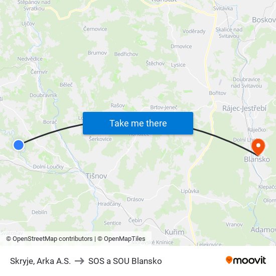 Skryje, Arka A.S. to SOS a SOU Blansko map