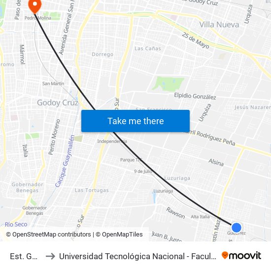 Est. Gutiérez to Universidad Tecnológica Nacional - Facultad Regional Mendoza map