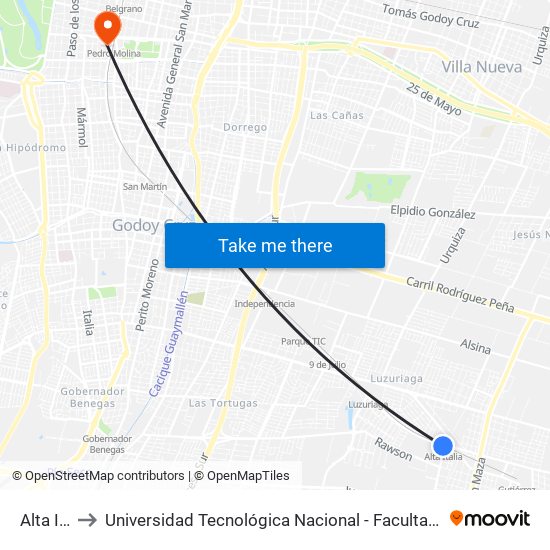 Alta Italia to Universidad Tecnológica Nacional - Facultad Regional Mendoza map