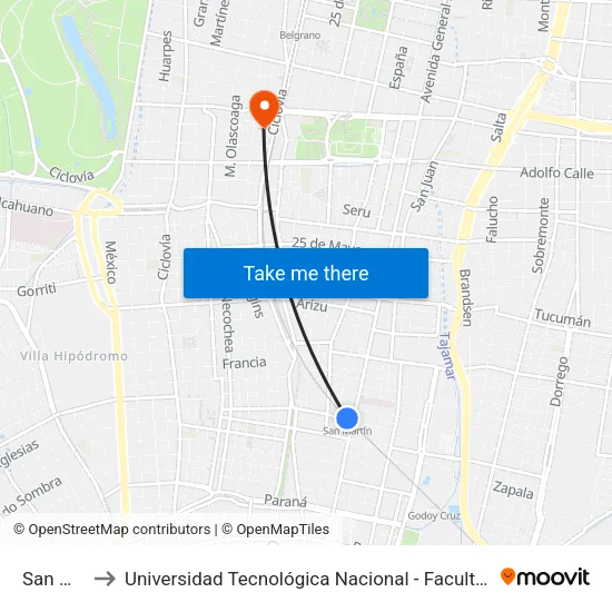 San Martín to Universidad Tecnológica Nacional - Facultad Regional Mendoza map