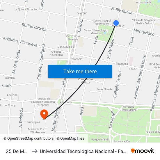 25 De Mayo, 900 to Universidad Tecnológica Nacional - Facultad Regional Mendoza map