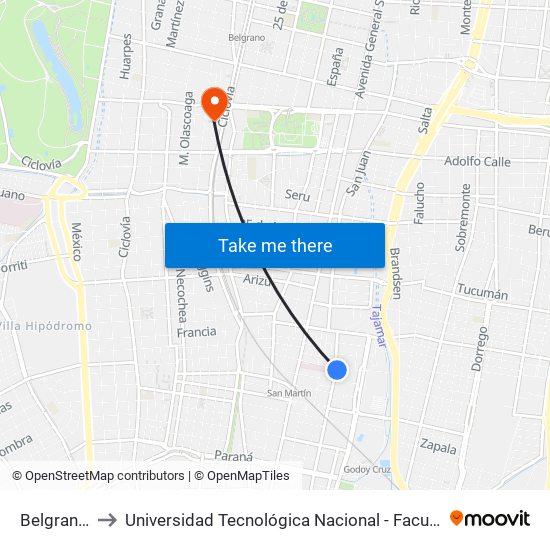 Belgrano, 837 to Universidad Tecnológica Nacional - Facultad Regional Mendoza map