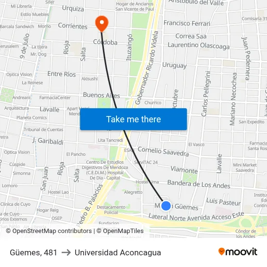 Güemes, 481 to Universidad Aconcagua map