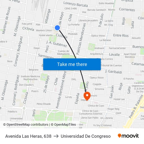 Avenida Las Heras, 638 to Universidad De Congreso map