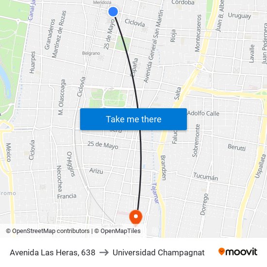 Avenida Las Heras, 638 to Universidad Champagnat map