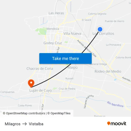 Milagros to Vistalba map