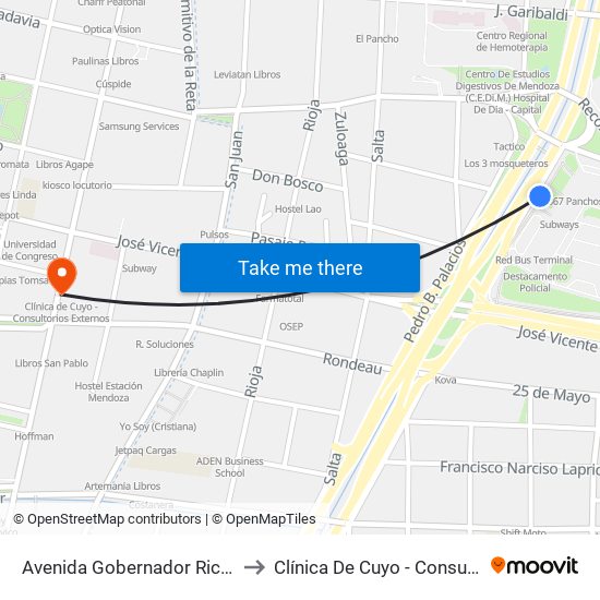 Avenida Gobernador Ricardo Videla, 928 to Clínica De Cuyo - Consultorios Externos map