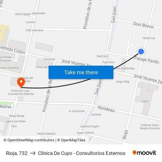 Rioja, 732 to Clínica De Cuyo - Consultorios Externos map