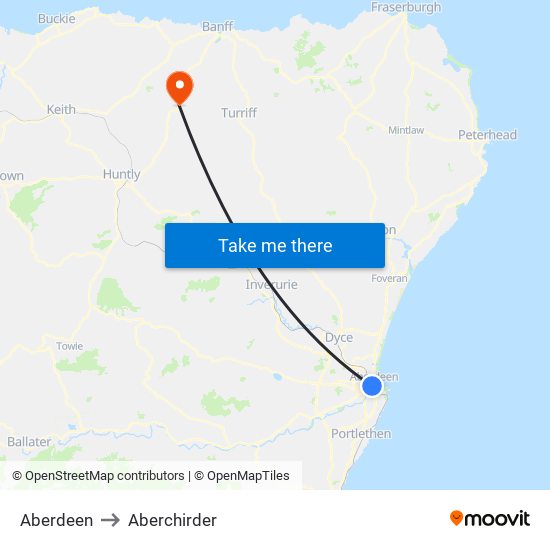 Aberdeen to Aberchirder map
