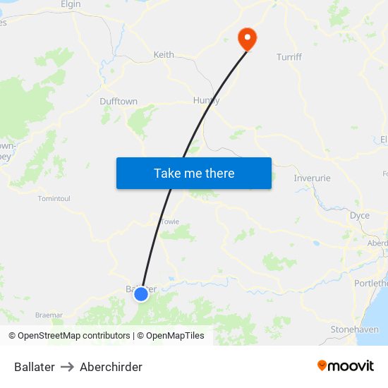 Ballater to Aberchirder map