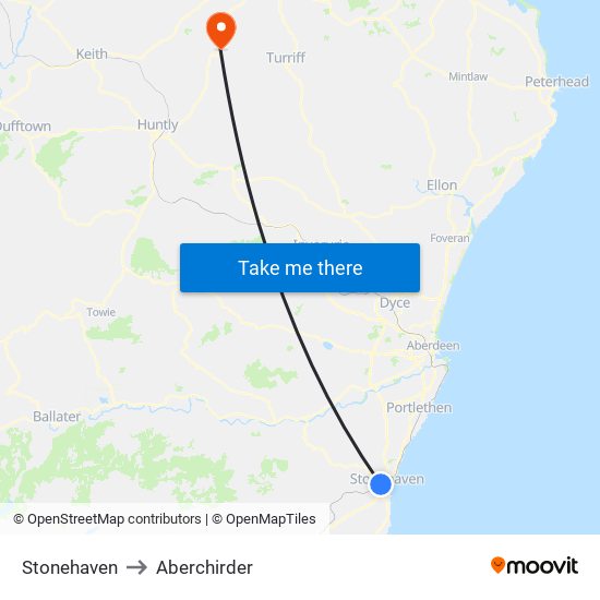 Stonehaven to Aberchirder map