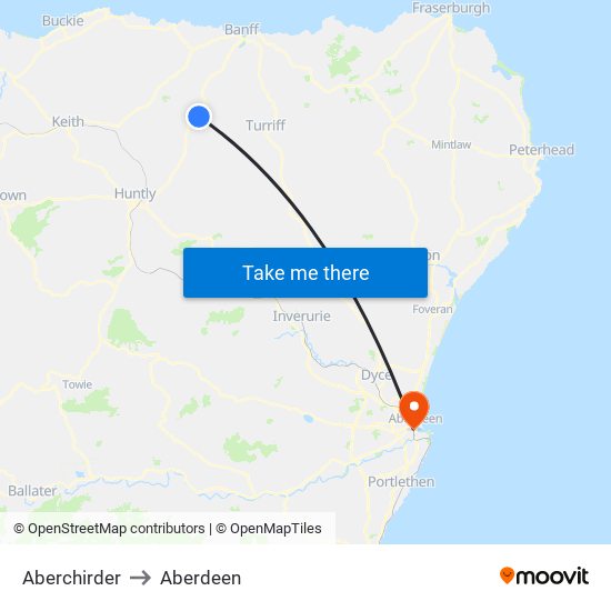 Aberchirder to Aberdeen map