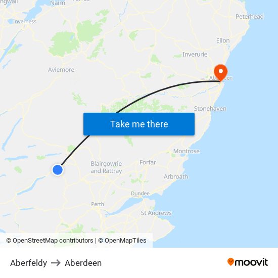 Aberfeldy to Aberdeen map