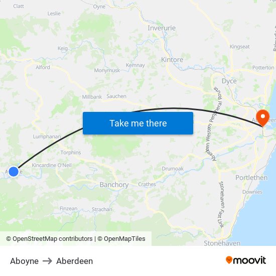 Aboyne to Aberdeen map