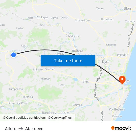 Alford to Aberdeen map