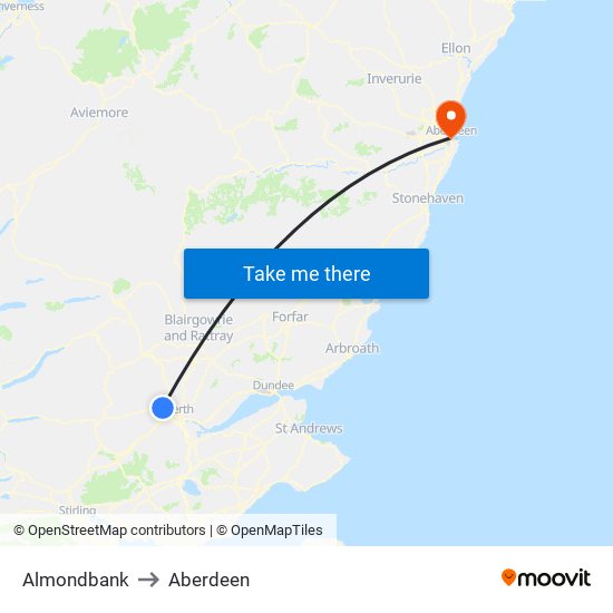 Almondbank to Aberdeen map