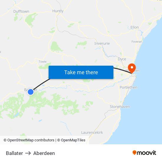 Ballater to Aberdeen map