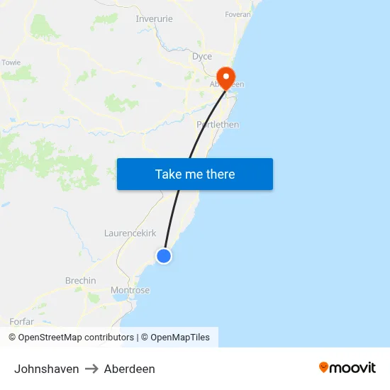 Johnshaven to Aberdeen map