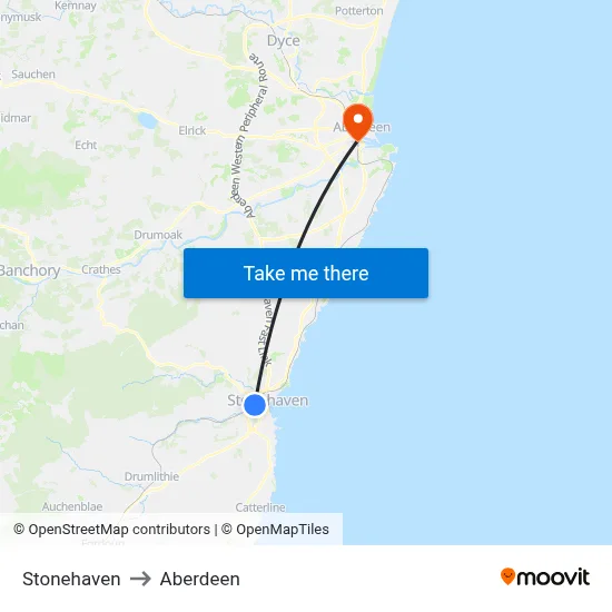Stonehaven to Aberdeen map