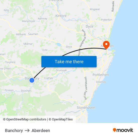 Banchory to Aberdeen map