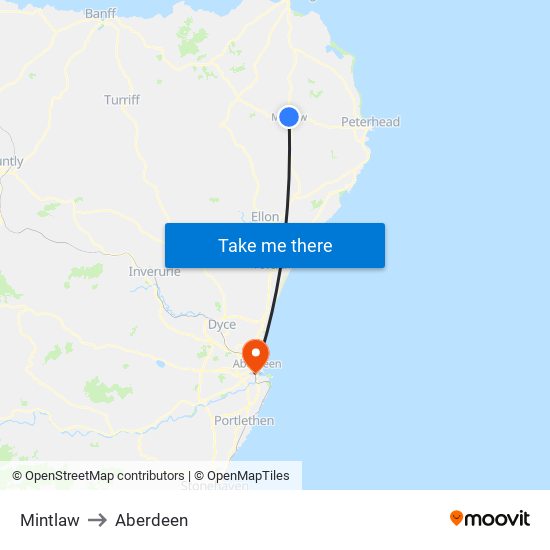 Mintlaw to Aberdeen map