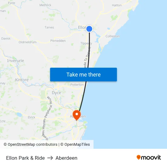 Ellon Park & Ride to Aberdeen map