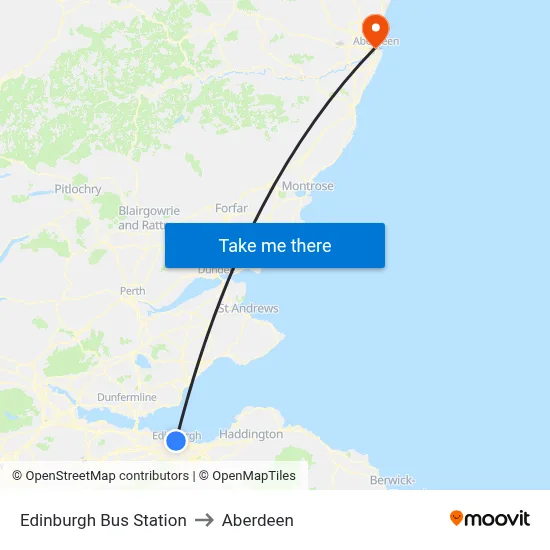 Edinburgh Bus Station to Aberdeen map