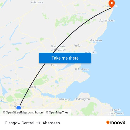 Glasgow Central to Aberdeen map