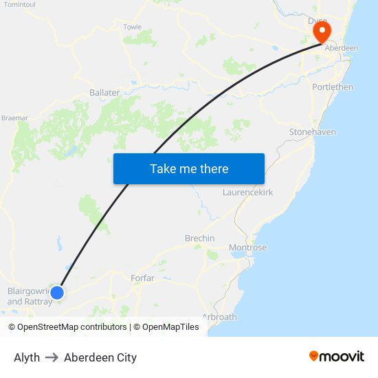 Alyth to Aberdeen City map