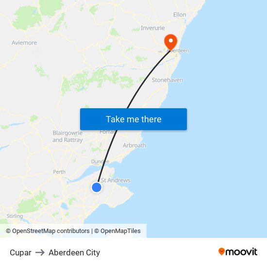 Cupar to Aberdeen City map