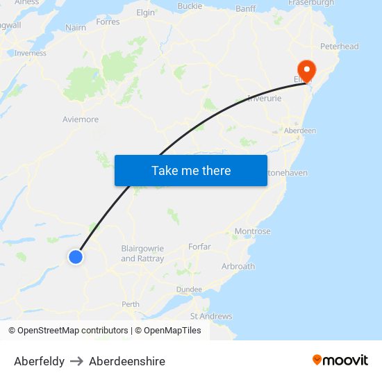 Aberfeldy to Aberdeenshire map