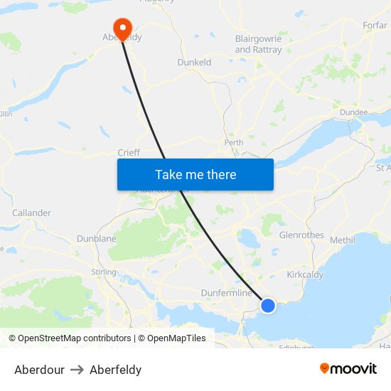 Aberdour to Aberfeldy map