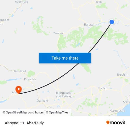 Aboyne to Aberfeldy map