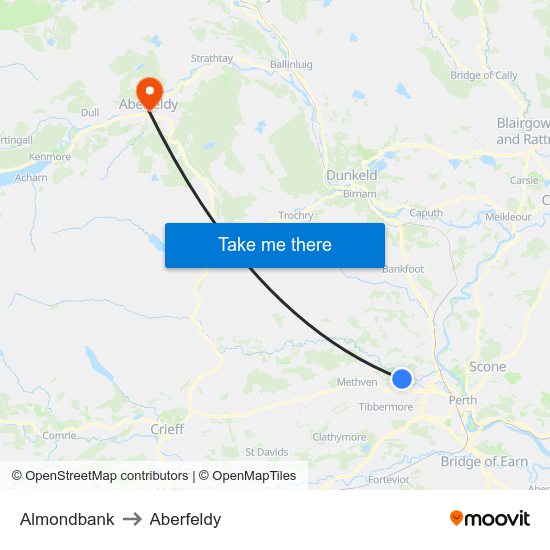 Almondbank to Aberfeldy map