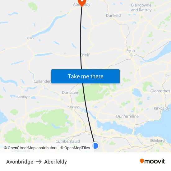 Avonbridge to Aberfeldy map