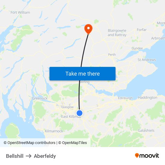 Bellshill to Aberfeldy map