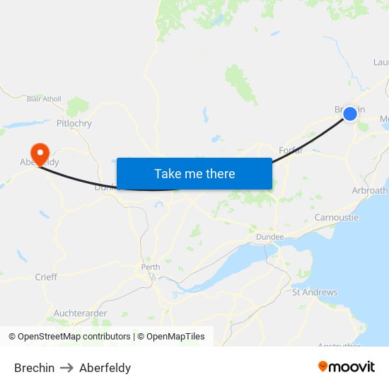 Brechin to Aberfeldy map