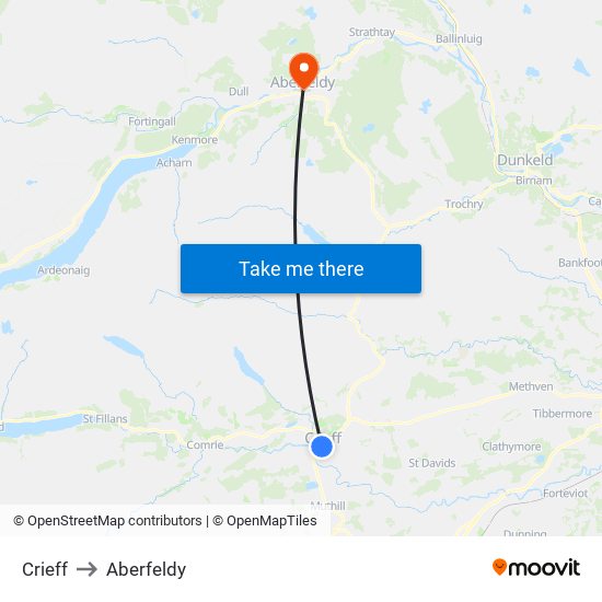 Crieff to Aberfeldy map