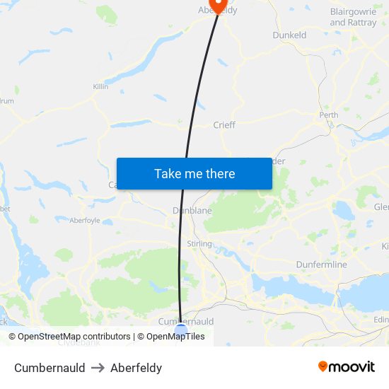 Cumbernauld to Aberfeldy map