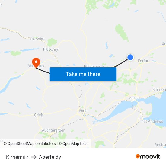 Kirriemuir to Aberfeldy map