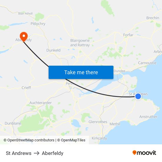 St Andrews to Aberfeldy map