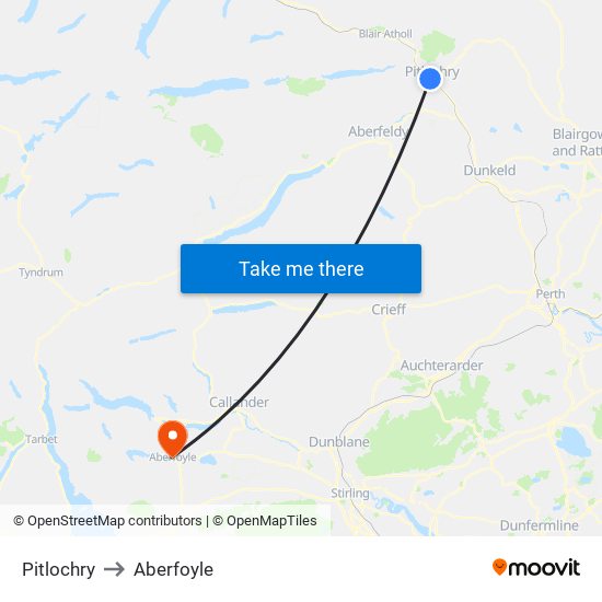 Pitlochry to Aberfoyle map